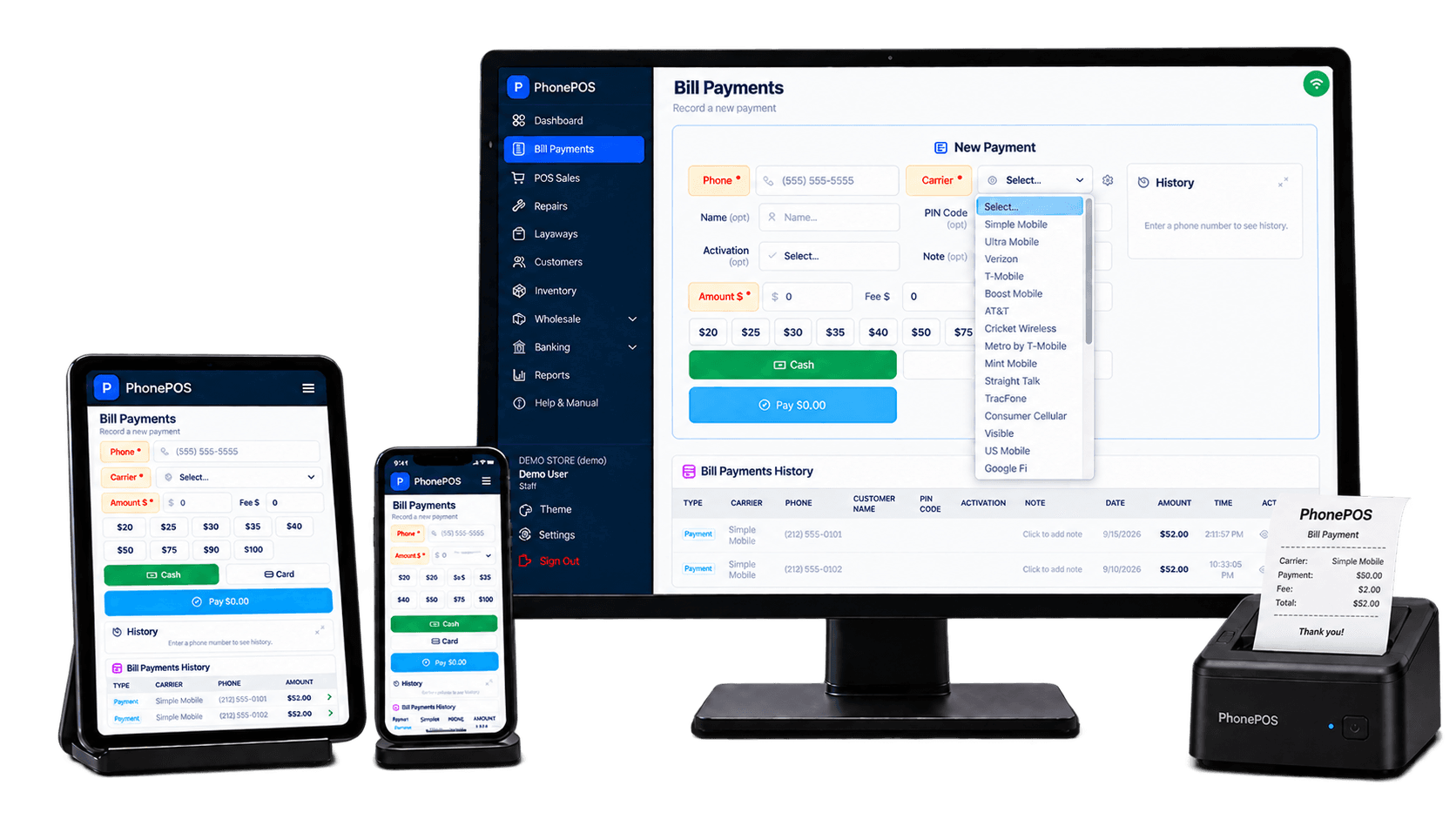 PhonePOS bill payments software on a desktop monitor, tablet, and phone