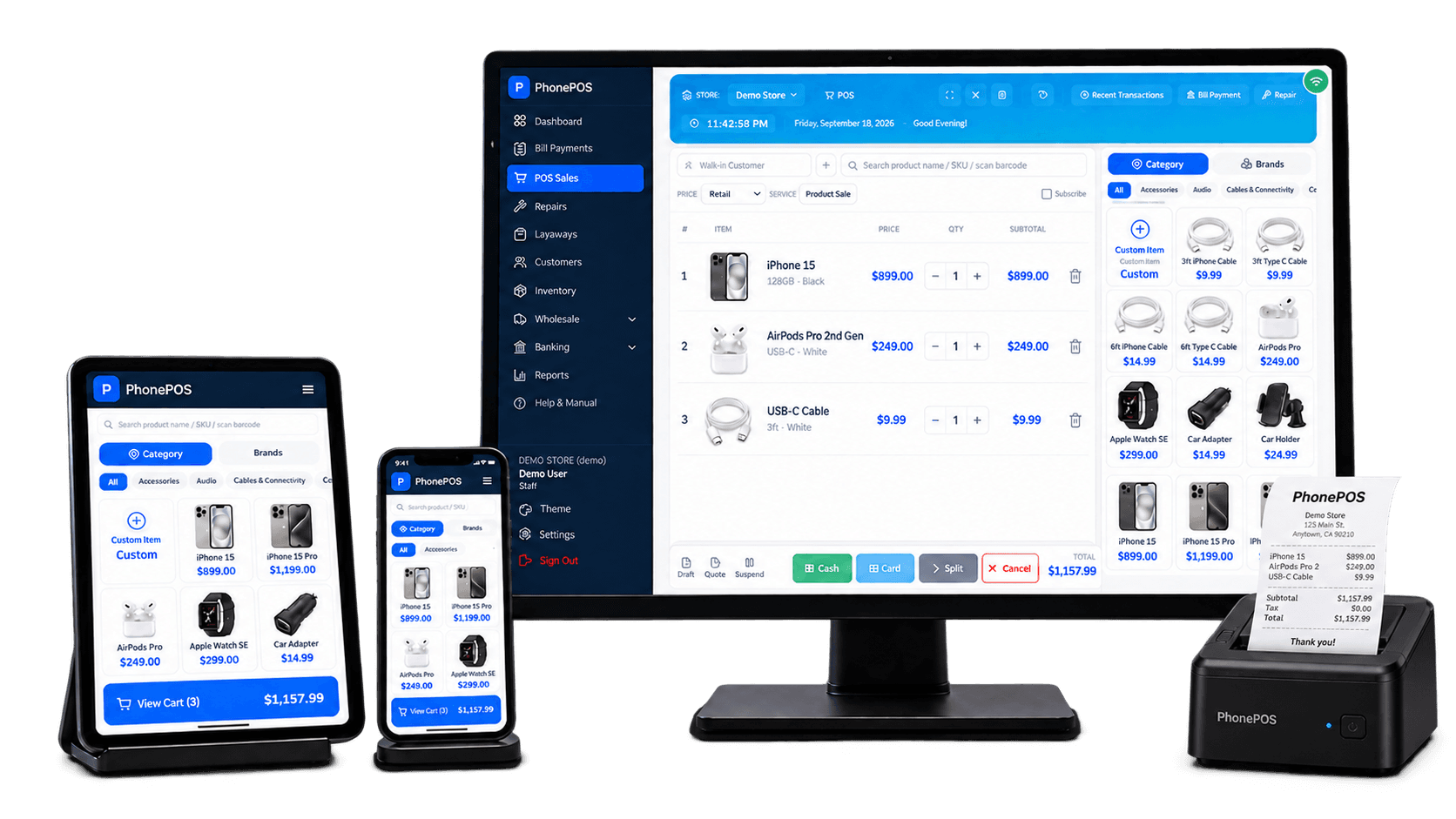PhonePOS point of sale software on a desktop monitor, tablet, and phone
