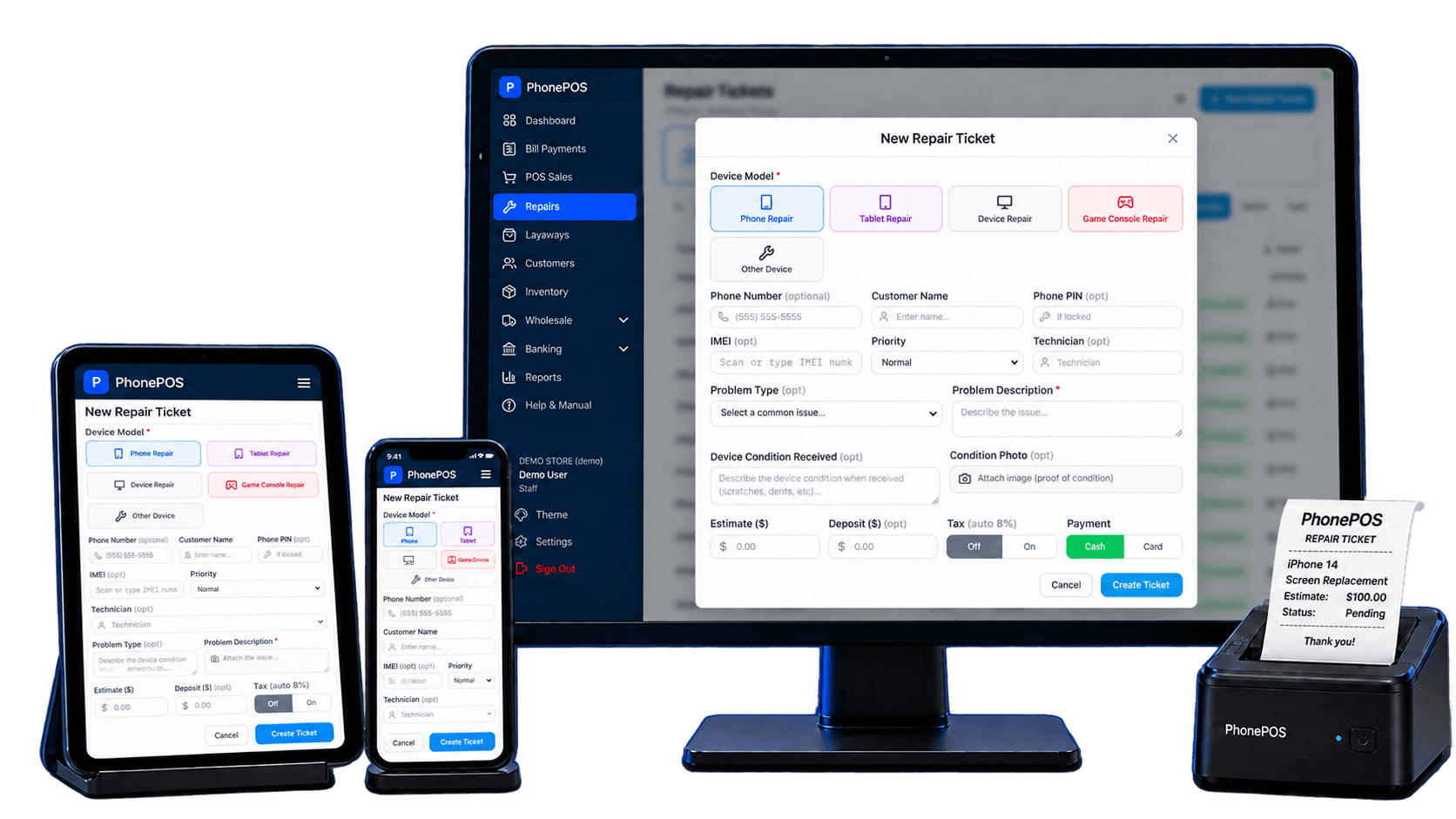 PhonePOS repairs software on a desktop monitor, tablet, and phone